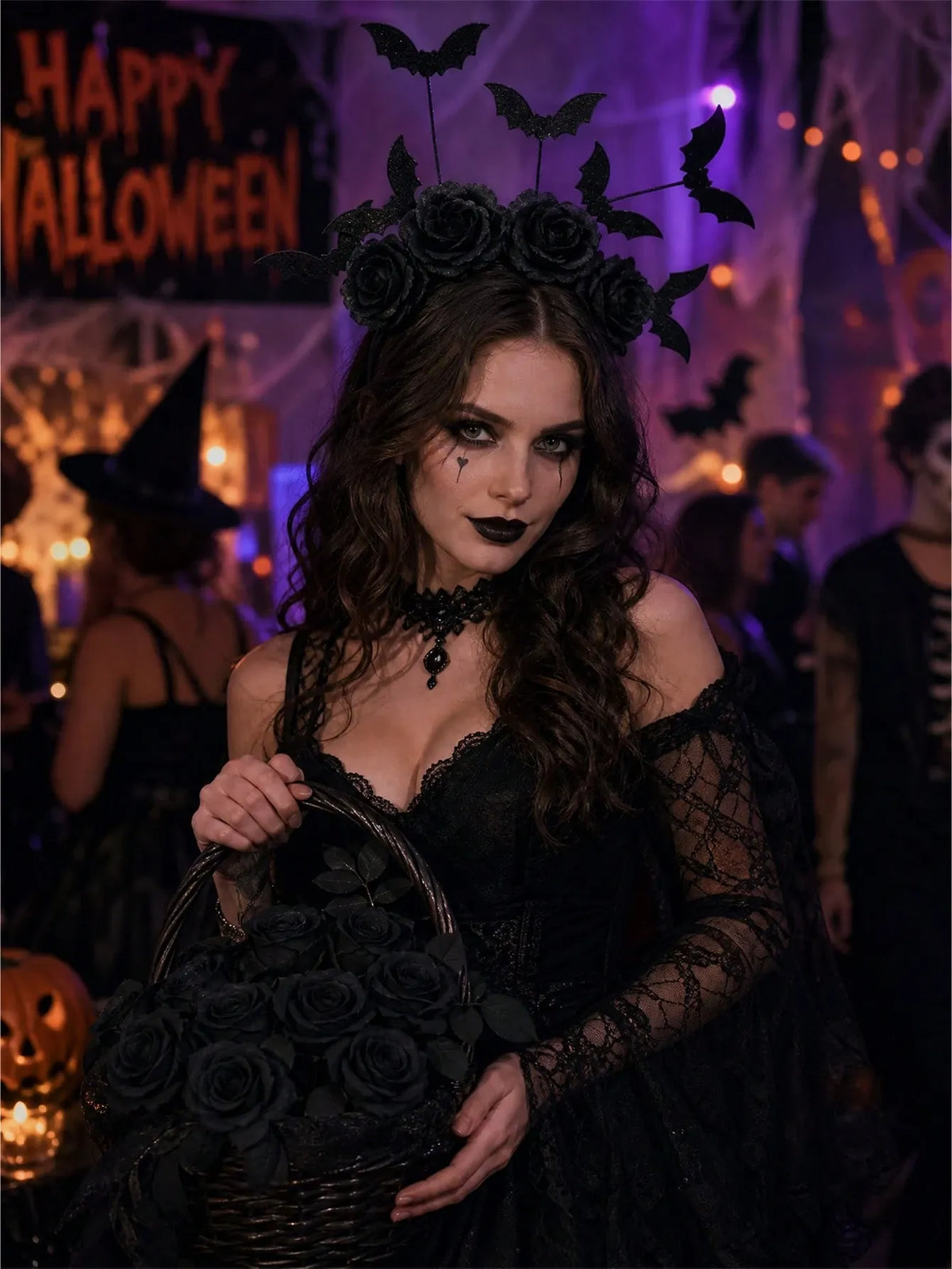 KissICON Gothic Black Rose and Bat Halloween Headband