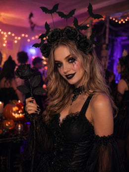 KissICON Gothic Black Rose and Bat Halloween Headband