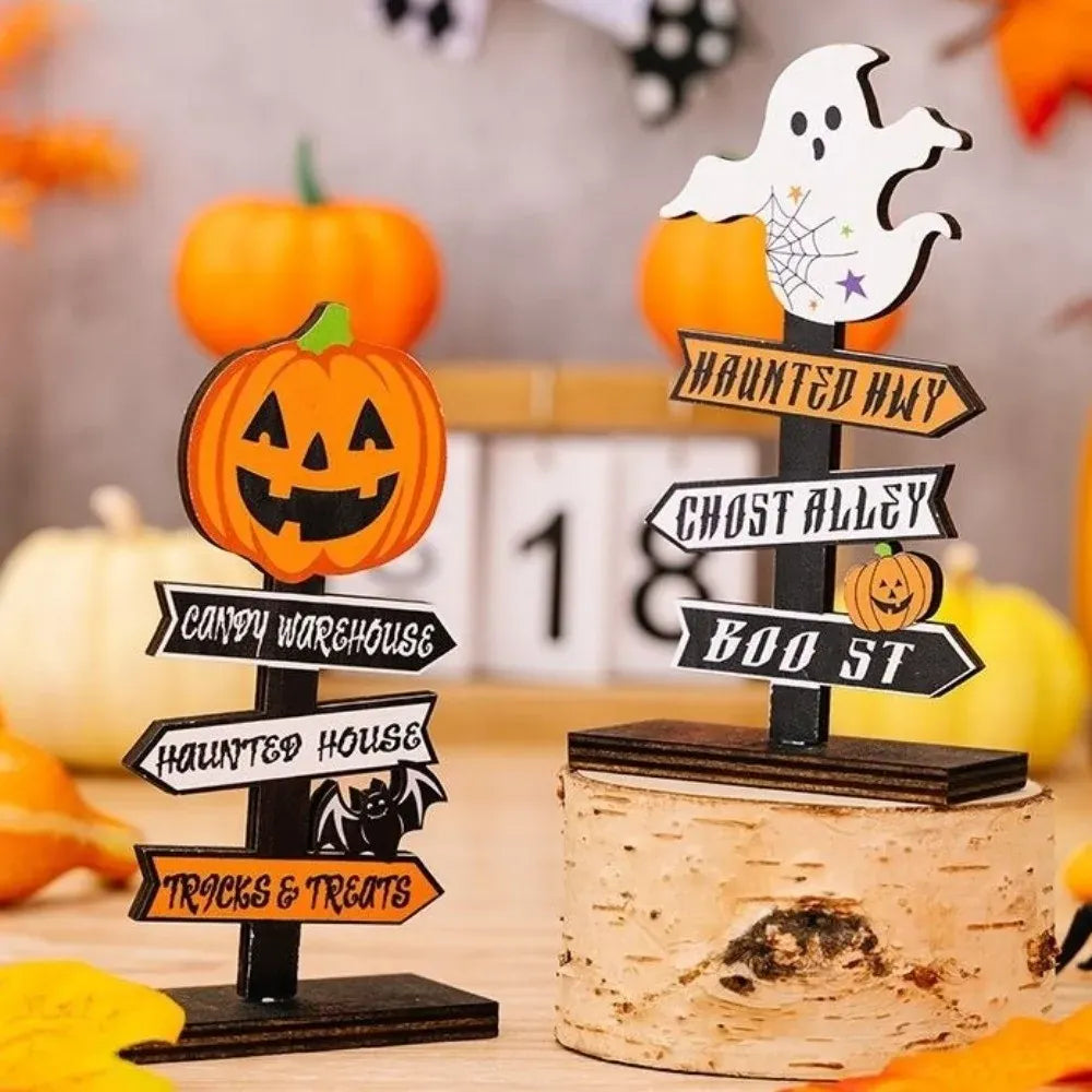 KissICON Gothic Style Halloween Ghost Ornament Handmade Wood Pumpkin Ghost Decor Atmosphere Decor Wooden Desktop Ornament Halloween Party