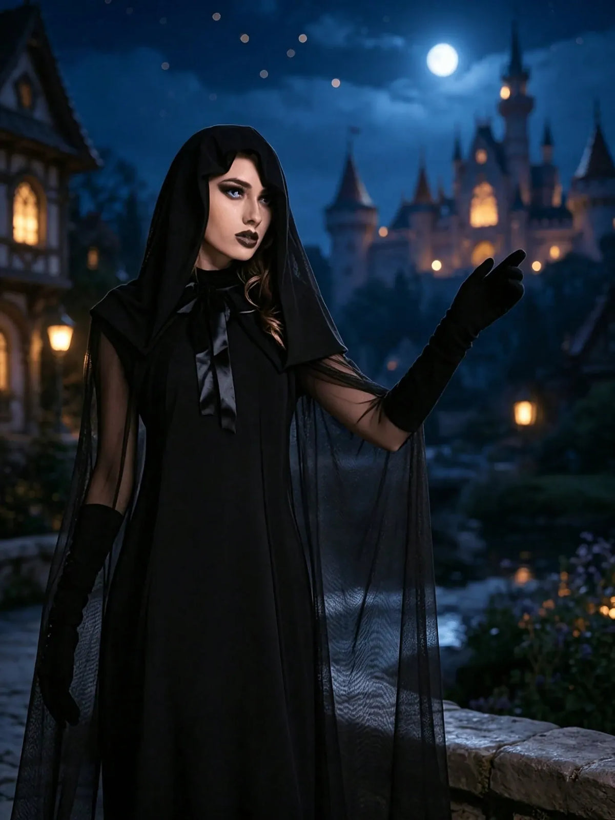 KissICON Gothic Witch Long Dress Costume with Cape and Gloves