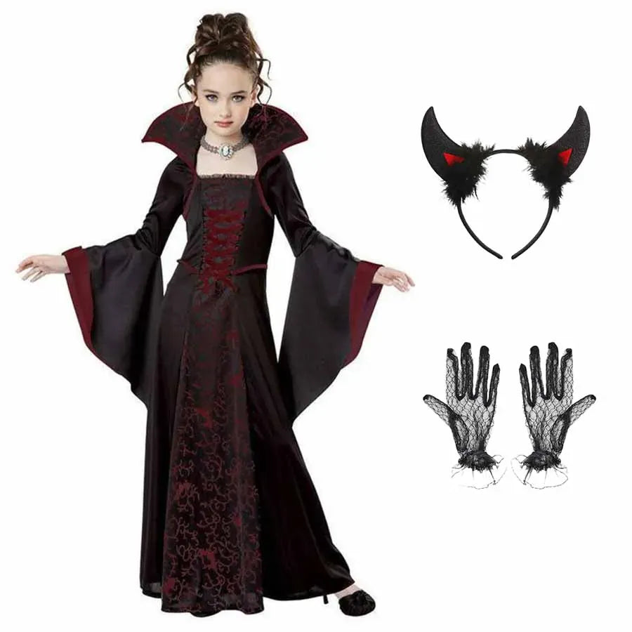 KissICON GRAY / 130cm Halloween Costume for Kids Halloween Fantasy Vampire Costume Girls Long Tutu Dress Kids Carnival Outfit Gothic Feather Clothes