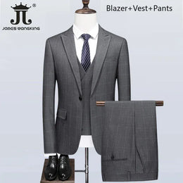 KissICON Gray 3Piece2 / S (EUR XXXS) British Plaid 3Pc Mens Suit Blazer Vest Pants S5XL