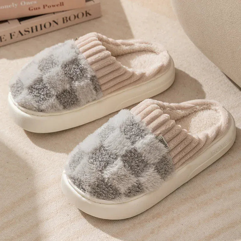 KissICON GRAY / 44-45 Fashion Couple Winter Flip Flops Warm Plaid Plush