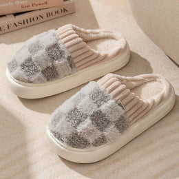 KissICON GRAY / 44-45 Fashion Couple Winter Flip Flops Warm Plaid Plush