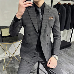 KissICON Gray / Asia 7XL (US 3XL) Luxury Striped DoubleBreasted Mens Groom Wedding Suit