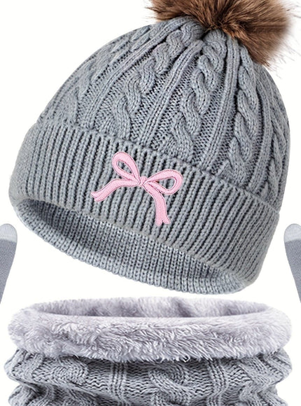 jkthpu-45 Gray bow three-piece suit 3Pc Womens Cozy Winter Hat Scarf Gloves Set