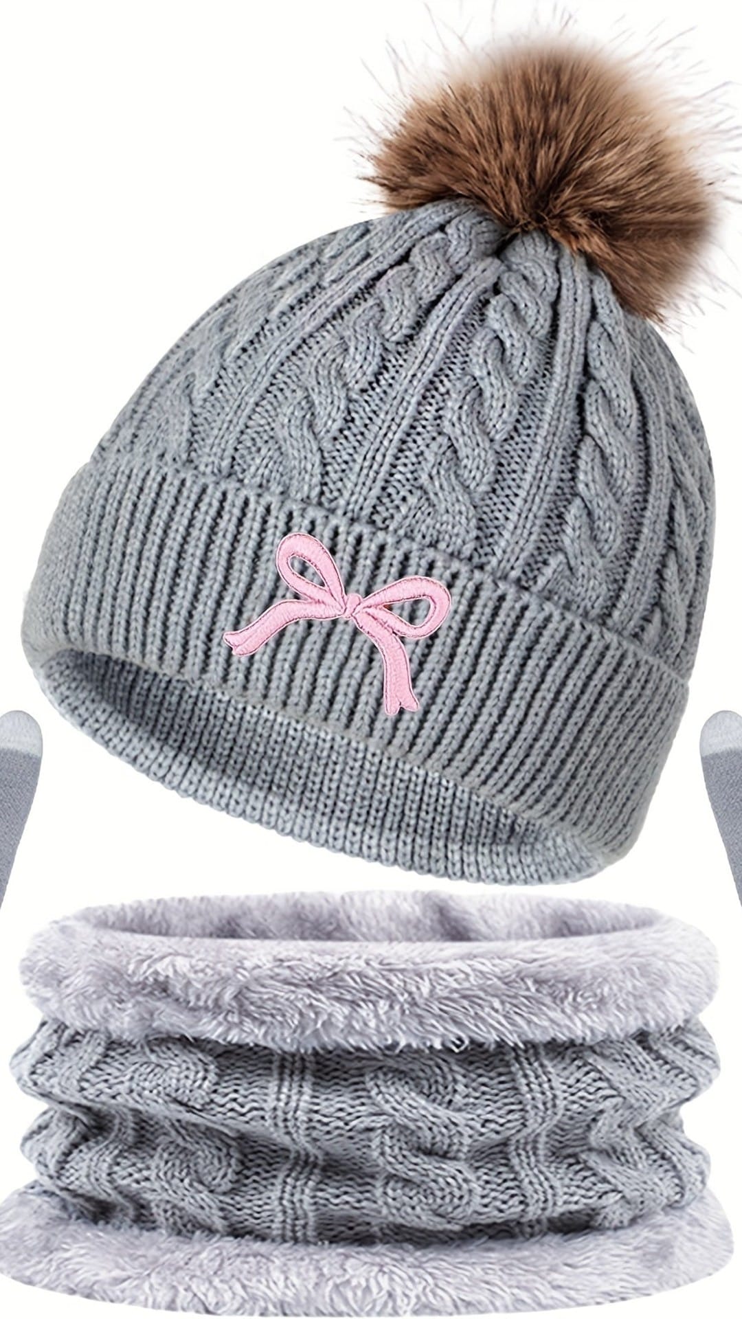 jkthpu-45 Gray bow three-piece suit 3Pc Womens Cozy Winter Hat Scarf Gloves Set