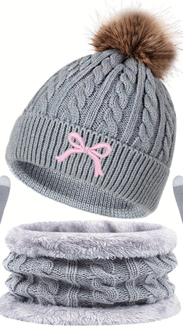 jkthpu-45 Gray bow three-piece suit 3Pc Womens Cozy Winter Hat Scarf Gloves Set