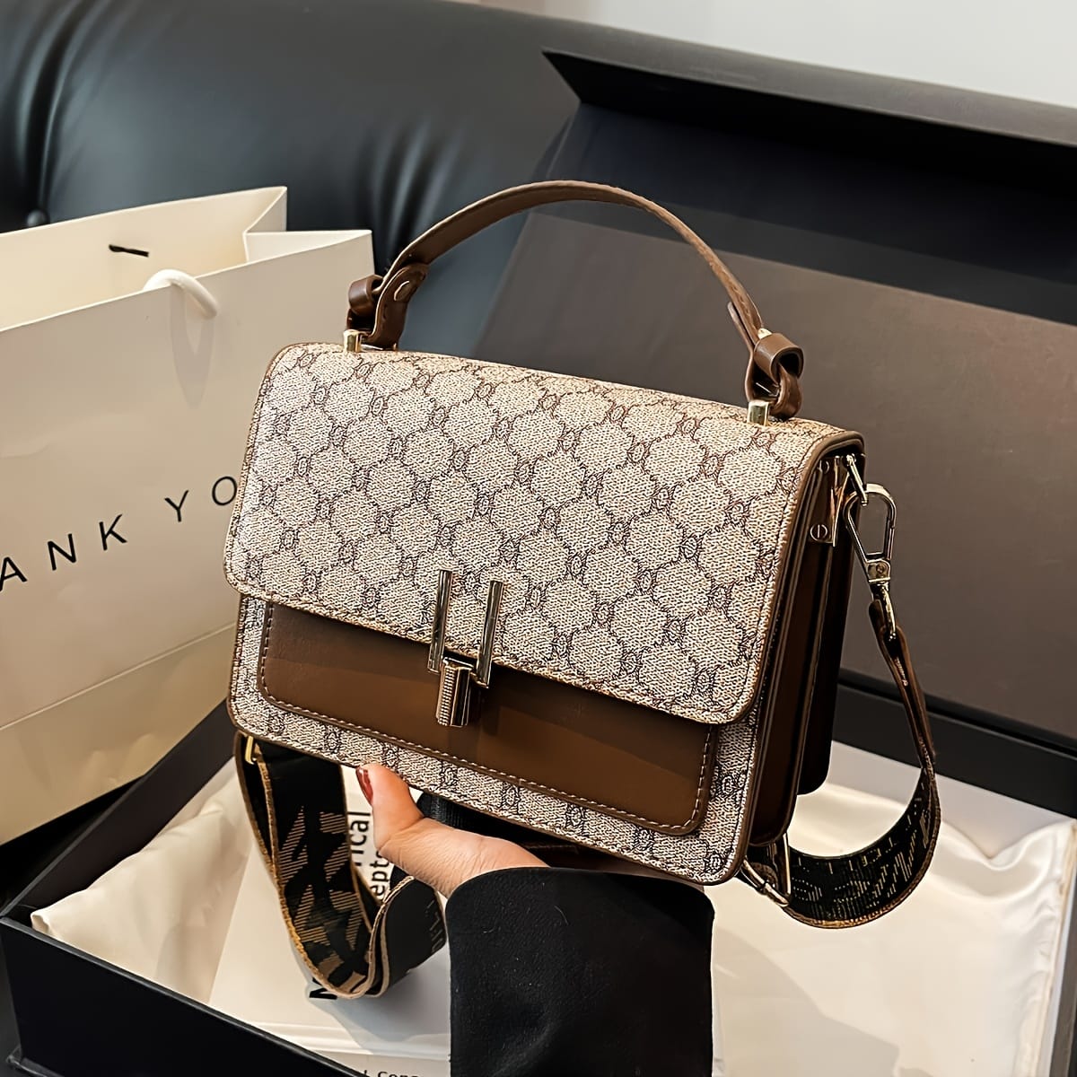 jkthpu-45 Gray Grid Chic Geometric Floral Shoulder  Handbag for All Occasions