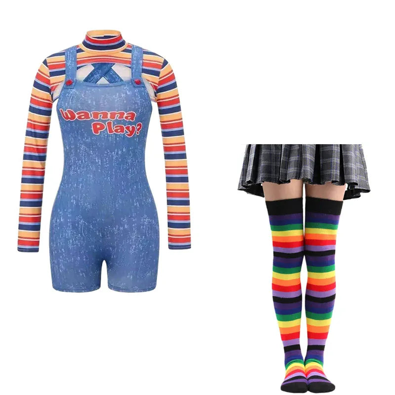 KissICON GRAY / L / halloween costume Halloween Costumes for Women Scary Nightmare Killer Doll Wanna Play Movie Character Chucky Doll Costume With Stockings