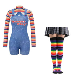 KissICON GRAY / L / halloween costume Halloween Costumes for Women Scary Nightmare Killer Doll Wanna Play Movie Character Chucky Doll Costume With Stockings