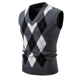 KissICON Gray / M Mens Argyle Knit Vest Stylish Slim Fit Pullover
