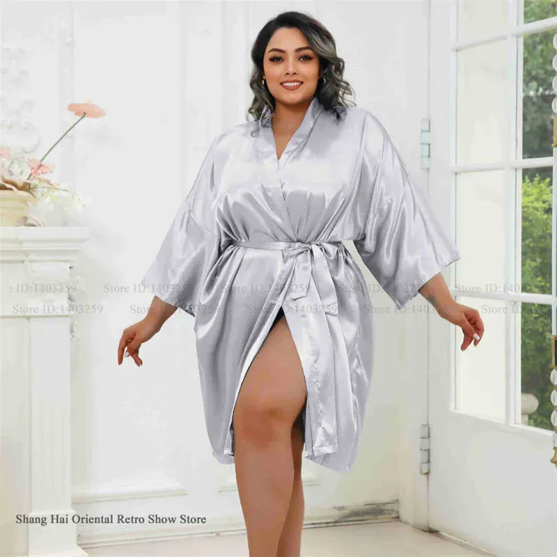 KissICON Gray / One Size Plus Size Women Robe Half Sleeve Bathrobe Kimono