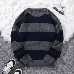 KissICON GRAY / XL Mens Striped Casual Round Neck Loose Sweater