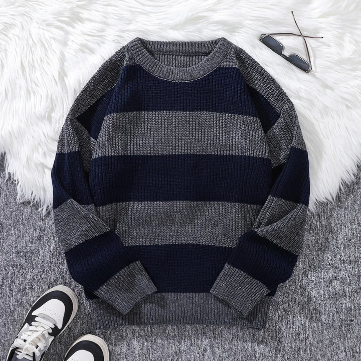 Mens Striped Casual Round Neck Loose Sweater