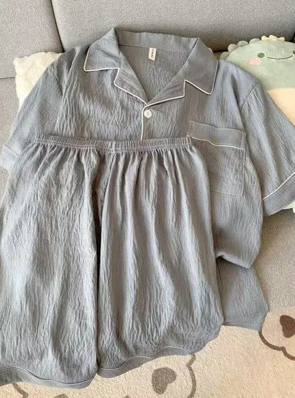 KissICON GRAY / XL Slim Fit Summer Pajama Set Short Sleeve Lapel  Shorts