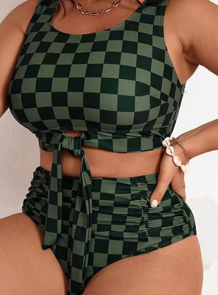 KissICON Green / 0XL Elegant Curve Strapless Plaid Bikini