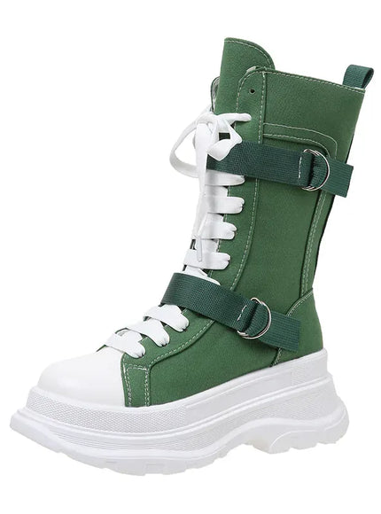 KissICON Green / 35 Canvas Chunky Platform Women's Boots Lace-Up Side Zipper