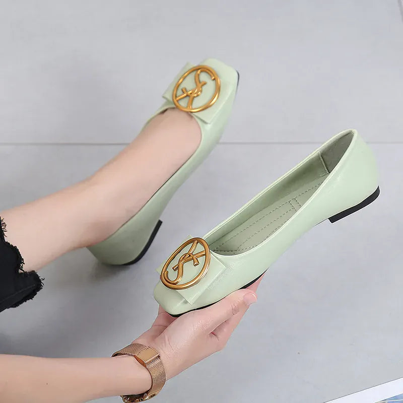 KissICON Green / 35 Spring Shallow Square Toe Flats Casual Shoes Women