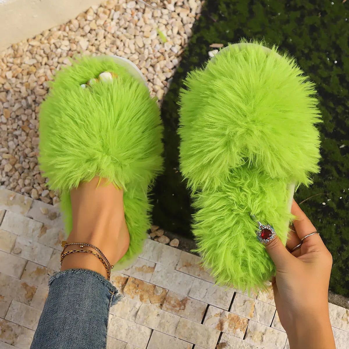 KissICON Green / 36-37 Faux Fur Fluffy Slippers For Women Winter Warm