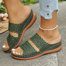 KissICON green / 36 Floral Hollow Decor Wedges Sandals for Women Plus