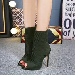 KissICON Green / 37 Fashion Ladies Peep Toe Stretch Fabric Knitting Ankle