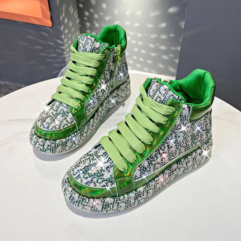 Dropshipman green / 38 Women Luxury Vulcanized Shoes Sneakers Bling Rhineston Wedges Thick Bottom Lace Up Breathable Casual Sport Shoe plataforma mujer