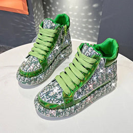 Dropshipman green / 38 Women Luxury Vulcanized Shoes Sneakers Bling Rhineston Wedges Thick Bottom Lace Up Breathable Casual Sport Shoe plataforma mujer