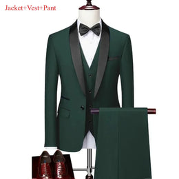 KissICON Green 3pcs Set / XL Mens Black Lapel Suit Coat Vest Trousers for Formal Events