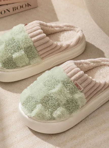 KissICON green / 40-41 Fashion Couple Winter Flip Flops Warm Plaid Plush