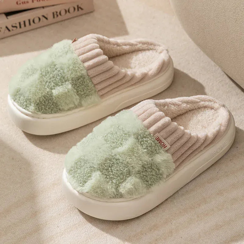 KissICON green / 40-41 Fashion Couple Winter Flip Flops Warm Plaid Plush