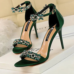 Dropshipman green / 40 BIGTREE Shoes Open Toe Rhinestones Sandals Women 2025 New Designer Sexy High Heels Sandals Female Shoes Summer Heeled Sandals
