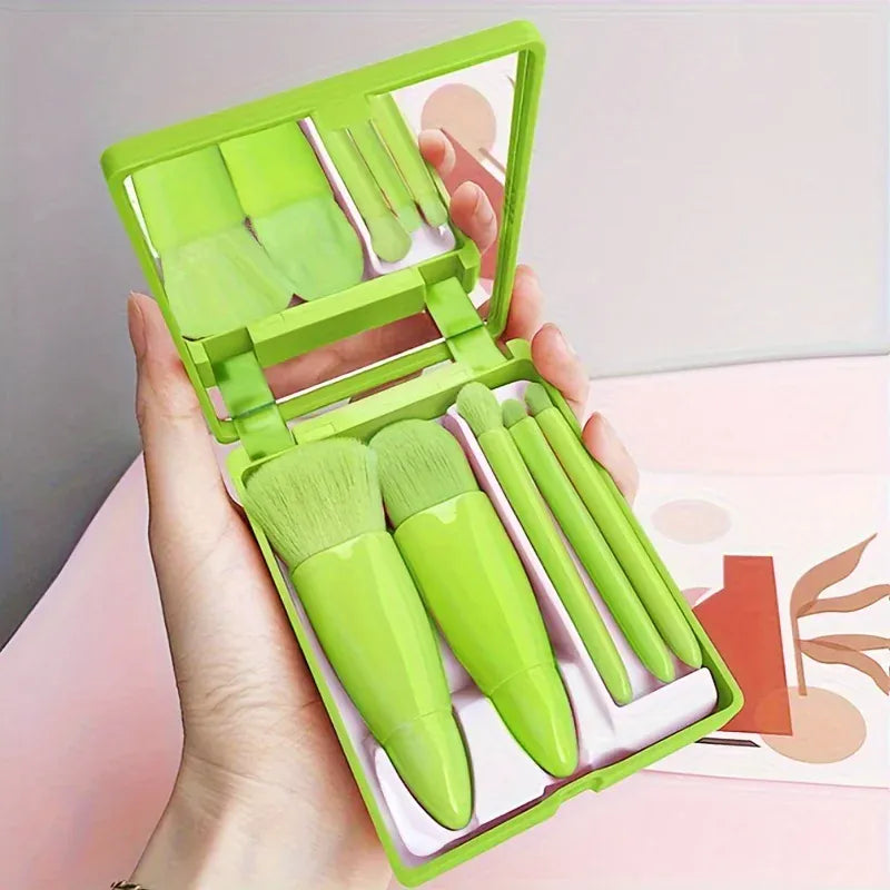 KissICON Green 5Pcs Makeup Brush Set With Mirror Foldable Travel