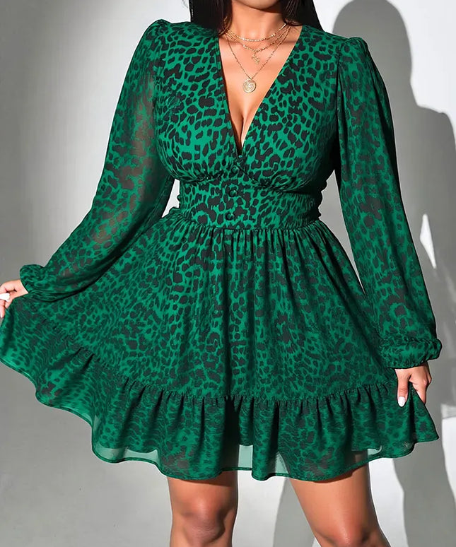 KissICON Dress Green / 5XL Elegant Leopard V-Neck Plus Size A-Line Party Dress