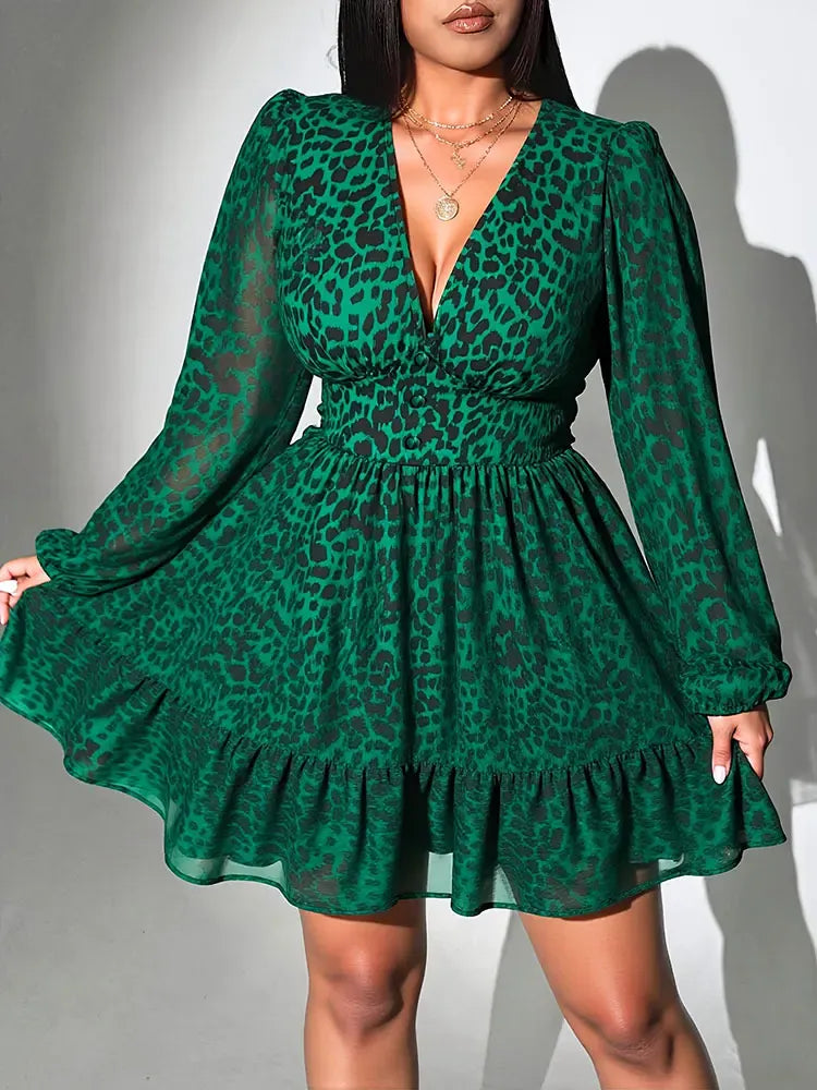 KissICON Dress Green / 5XL Elegant Leopard V-Neck Plus Size A-Line Party Dress