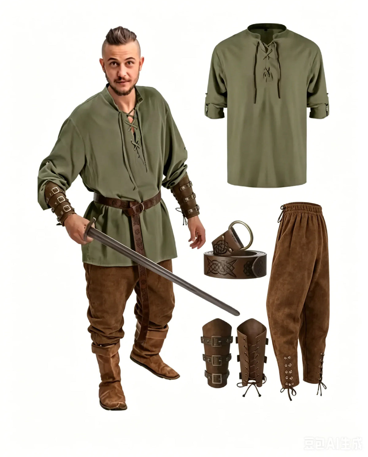 KissICON green brown / XXXL 4 Pcs Halloween Men's Renaissance Costume Set Medieval Pirate Shirt Ankle Banded Pants Viking Belt Accessories