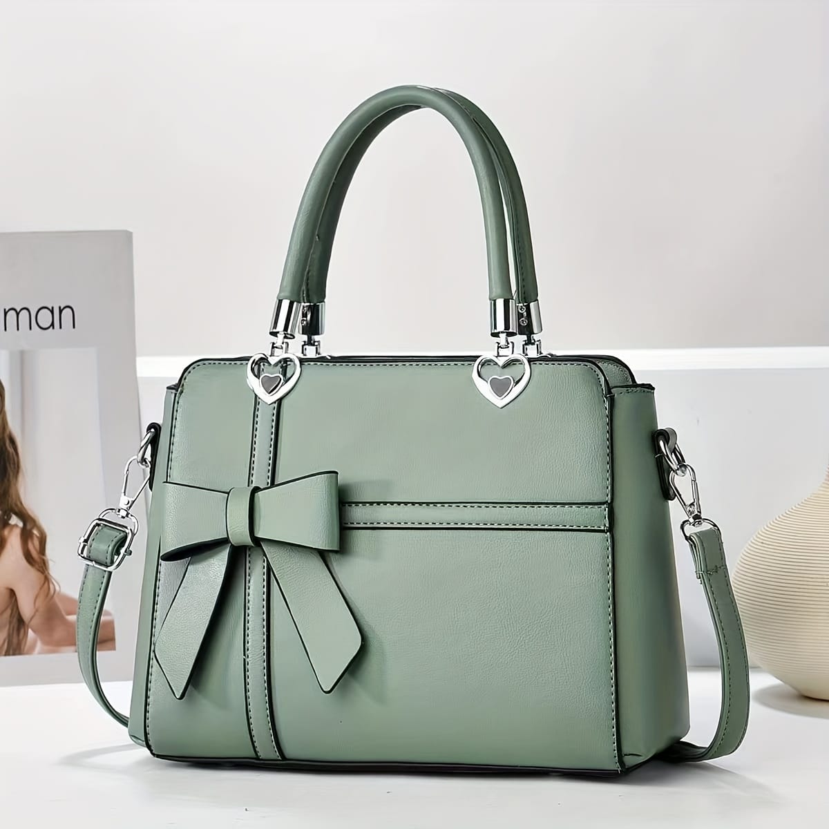 jkthpu-45 Green Chic Solid Bow Tote Versatile Everyday Elegance