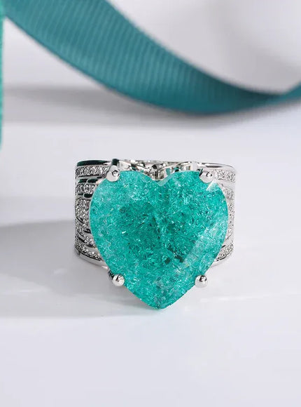 KissICON green / CHINA / 8 💋 Creative Hollow Paraiba Emerald Heart Ring - Zircon Shine