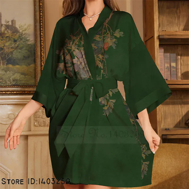 KissICON Green Flower 14 / XXS Plus Size Sexy Women Robe Sleepwear Silky Satin