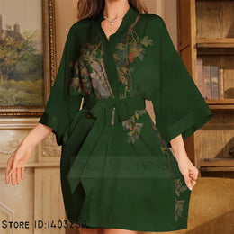 KissICON Green Flower 14 / XXS Plus Size Sexy Women Robe Sleepwear Silky Satin