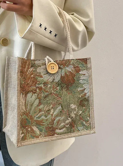 KissICON Green Ins Hand Linen Students Handbags Top-handle Bags
