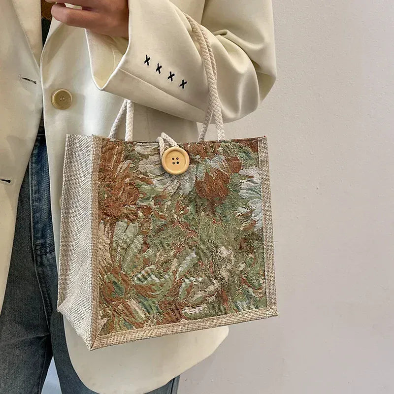 KissICON Green Ins Hand Linen Students Handbags Top-handle Bags