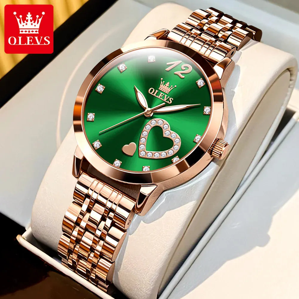 KissICON green OLEVS Japan Quartz Women Watch Stainless steel Bracelet "Love" Dial Fashion Elegant Waterproof Luminous Quartz Watch for Ladies
