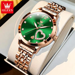 KissICON green OLEVS Japan Quartz Women Watch Stainless steel Bracelet "Love" Dial Fashion Elegant Waterproof Luminous Quartz Watch for Ladies
