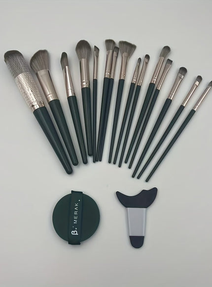 KissICON Green + Powder Puff + Auxiliary Device 17pc Green Pro Makeup Brush Set – W Storage
