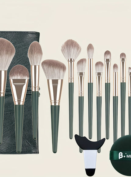 KissICON Green + Powder Puff + Auxiliary Device + Insert Pocket 17pc Green Pro Makeup Brush Set – W Storage