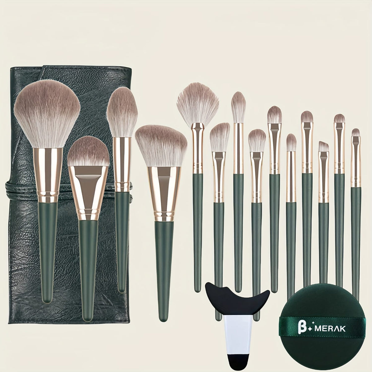 KissICON Green + Powder Puff + Auxiliary Device + Insert Pocket 17pc Green Pro Makeup Brush Set – W Storage