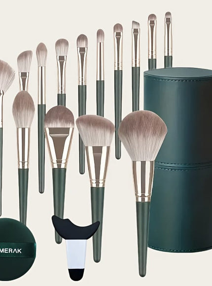 KissICON Green + powder puff + auxiliary tool + brush bucket 17pc Green Pro Makeup Brush Set – W Storage