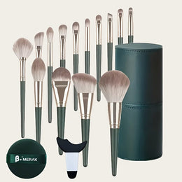 KissICON Green + powder puff + auxiliary tool + brush bucket 17pc Green Pro Makeup Brush Set – W Storage