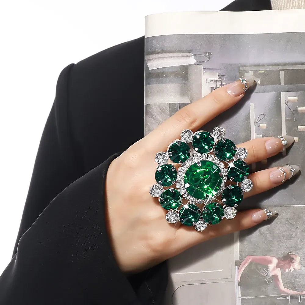 KissICON green / Silver Plated Kissicon Exaggerated Rhinestone Flower Ring – Big Crystal